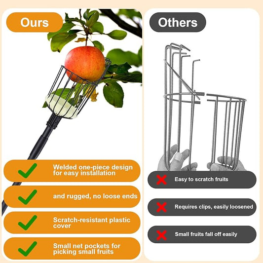 Fruit Picker Pole with Basket, 10.7FT (130 Inch) Adjustable Fruits Picker Tool with Stainless Steel Handle Fruit Grabber Reach Tool for Apple Mango Pear Avocados Fruit Picking, Black