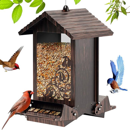 Squirrel Proof Bird Feeder for Outdoor Hanging,Metal Bird Seed Feeder with Bilateral Weight Activated Perches,5LB Large Capacity Wild Bird Feeders for Outside,Easy Refill and Clean,Brown