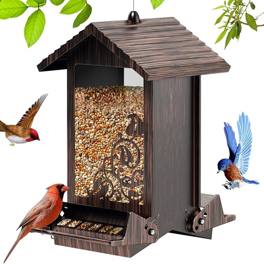 Squirrel Proof Bird Feeder for Outdoor Hanging,Metal Bird Seed Feeder with Bilateral Weight Activated Perches,5LB Large Capacity Wild Bird Feeders for Outside,Easy Refill and Clean,Brown