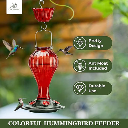 Kingsyard 2 Pack Glass Hummingbird Feeder 24 Ounces, 6 Feeding Ports, Hanging Bird Nectar Feeder for Outdoors Garden Yard Décor, Ant Moat Included, Red