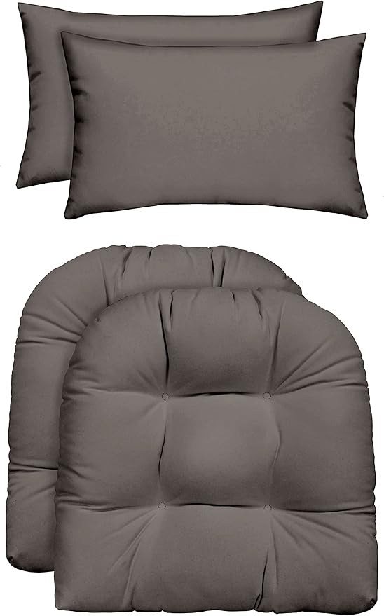 RSH DECOR: Tufted U-Shapes & Lumbars 2 of Each | 22" x 22” & 20" x 12" | Water-Resistant Spun Fabric | Outdoor Wicker Cushions & Support Pillows for Patio Furniture | Gray/Grey