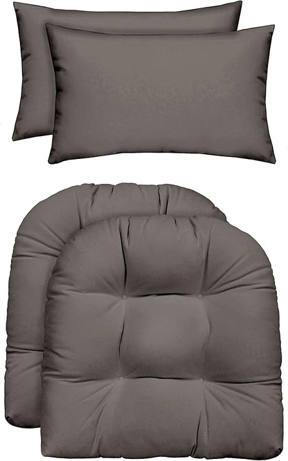 RSH DECOR: Tufted U-Shapes & Lumbars 2 of Each | 22" x 22” & 20" x 12" | Water-Resistant Spun Fabric | Outdoor Wicker Cushions & Support Pillows for Patio Furniture | Gray/Grey