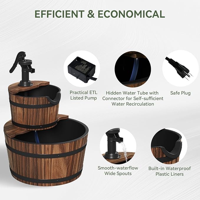 Aoxun 2-Tier Outdoor Water Fountain, Wood Barrel Cascading with Electric Decorative Hand Pump, Rustic Waterfall Fountain for Garden, Backyard, Patio, Porch, Yard