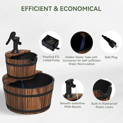 Aoxun 2-Tier Outdoor Water Fountain, Wood Barrel Cascading with Electric Decorative Hand Pump, Rustic Waterfall Fountain for Garden, Backyard, Patio, Porch, Yard