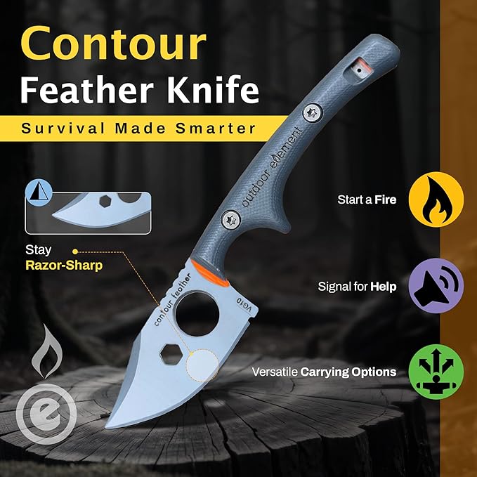 OUTDOOR ELEMENT Contour Feather Survival and Culinary Knives – VG10 Steel Fixed Blade with Fire Starter, Hex Driver, Knife Sharpener, Sheath & Built in Whistle - Built For Camping & Outdoor Adventure