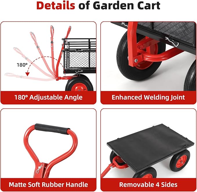 GarveeLife Steel Garden Cart 1400 LBS Capacity, Heavy Duty Steel Utility Wagon with Removable Sides, 2 in-1 Handle and 16 in Tires, Utility Metal Wagon Perfect for Garden, Farm, Yard