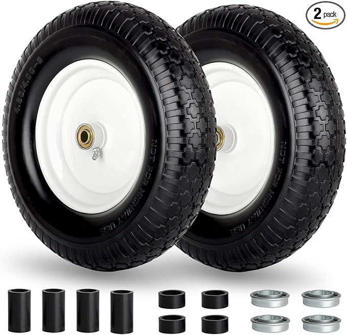 4.80/4.00-8" Wheelbarrow Tire, 16" Flat-Free Solid Tire and Wheel, 3" Centered Hub, 5/8" Axle Bore Hole,for Garden Wagon Cart Trolley Dolly Replacement(2 Pack)