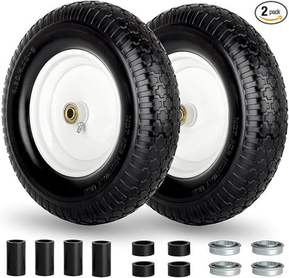 4.80/4.00-8" Wheelbarrow Tire, 16" Flat-Free Solid Tire and Wheel, 3" Centered Hub, 5/8" Axle Bore Hole,for Garden Wagon Cart Trolley Dolly Replacement(2 Pack)