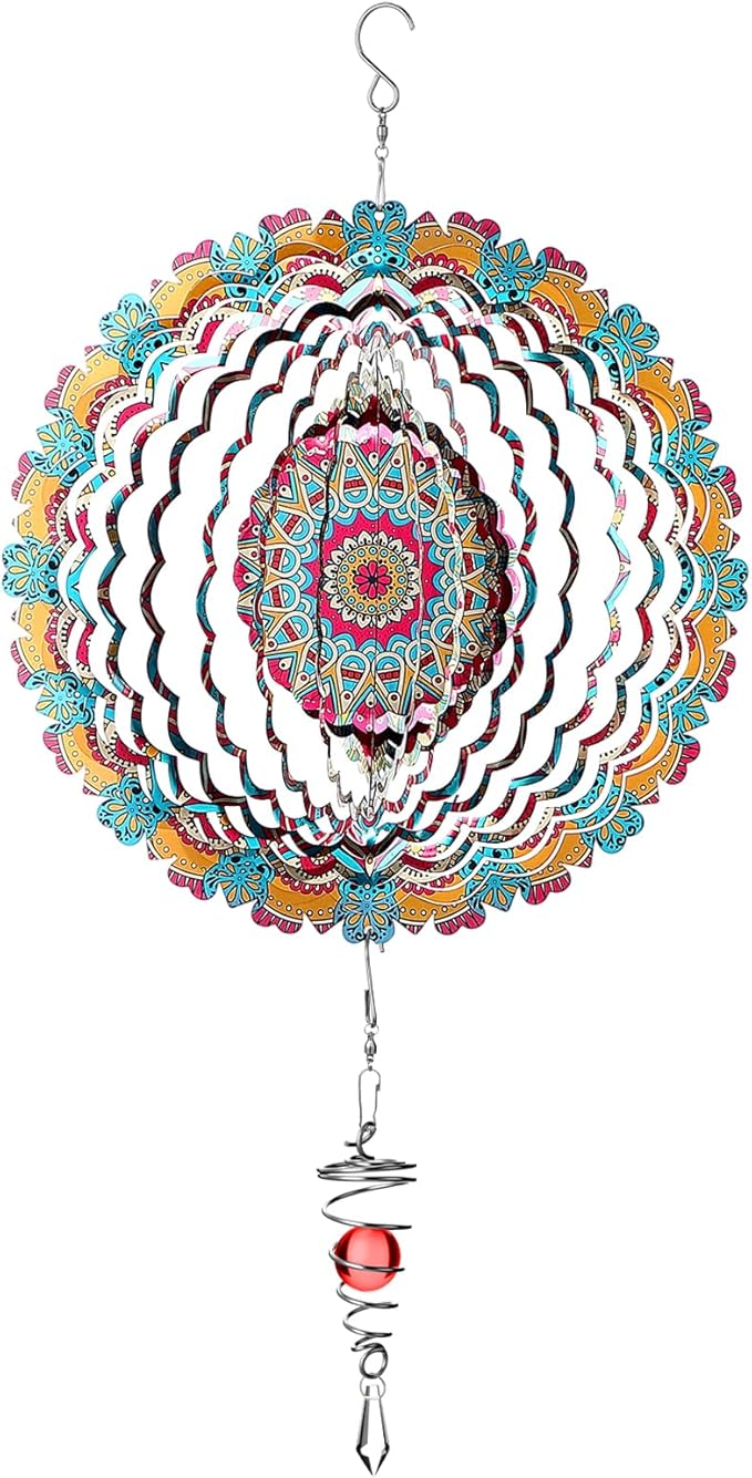 12 Inch Mandala Wind Spinners with Gazing Ball Spiral Tail, Outdoor 3D Stainless Steel Hanging Spinner Mandala Wind Catchers Sculpture for Indoor Outdoor Garden Yard Decoration (Flower)