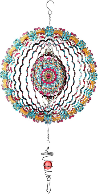 12 Inch Mandala Wind Spinners with Gazing Ball Spiral Tail, Outdoor 3D Stainless Steel Hanging Spinner Mandala Wind Catchers Sculpture for Indoor Outdoor Garden Yard Decoration (Flower)