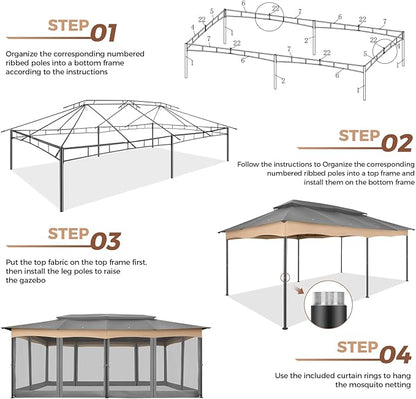 COBIZI Gazebo 12x20 Heavy Duty Gazebos with Improved Nettings Outdoor Gazebo Canopy Double Roof Patio Gazebos with Metal Steel Frame for Patio, Deck, Backyard (Gray)