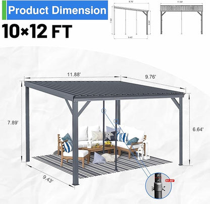 10x12FT Lean to Gazebo, Outdoor Hardtop Wall Mount Gazebo with Gutter & Sloping Galvanized Steel Roof, Metal Hard Top Awnings for Deck, Porch, Backyard