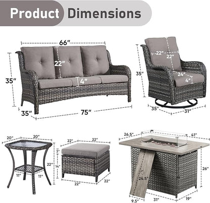 Wicker Outdoor Conversation Se with 50,000 BTU Gas Propane Fire Pit Tablet-7 Pieces Outdoor Wicker High Back Couch Patio Furniture for Deck Poolside Backyard