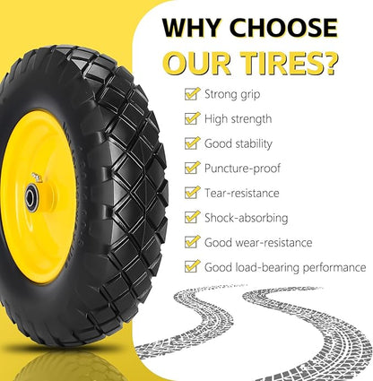 4.80/4.00-8 Solid Wheelbarrow Tire and Wheel 16" Flat-Free Tire with 3" Centered Hub 5/8" & 3/4" Bearings Fits Garden Cart, Hand Truck, Wagon,Trolleys and Trailers
