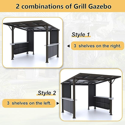 Gotland 10 FT x 10 FT Hardtop Grill Gazebo, BBQ Gazebo with 2 Extended Countertop 2 Side Shelves Drainage Holes Sloping Roof, Metal BBQ Canopy in 2 Combination Styles, for Patio Backyard Black