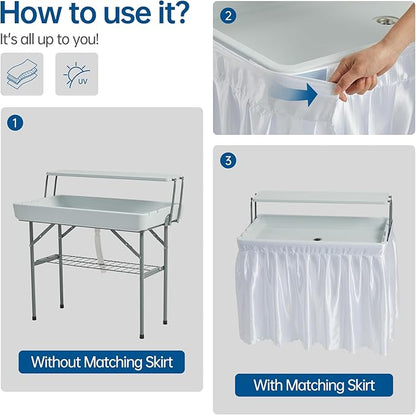 Outdoor Ice Cooler Folding Table, Portable Cooler Table with Removable Matching Skirt, Folding Ice Chest Table with Place Holder White