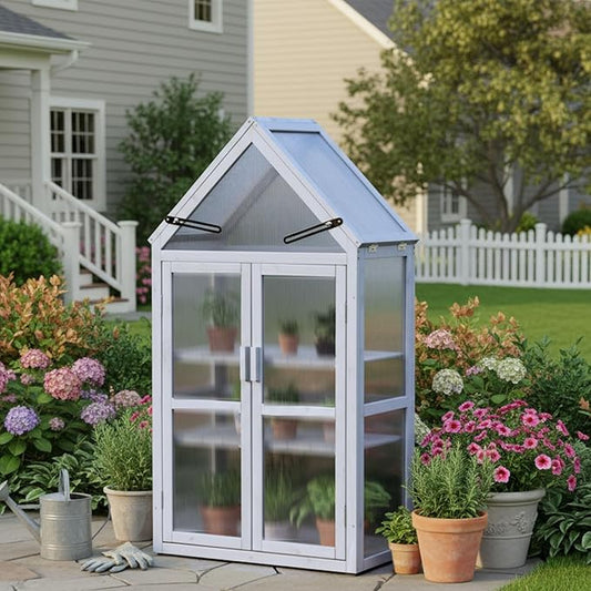 JOYBASE Wooden Mini Cold Frame Greenhouse for Outdoor with Adjustable Shelves, Opening Roof & Wall Mounts - Ideal for Patio, Balcony & Garden, Grey
