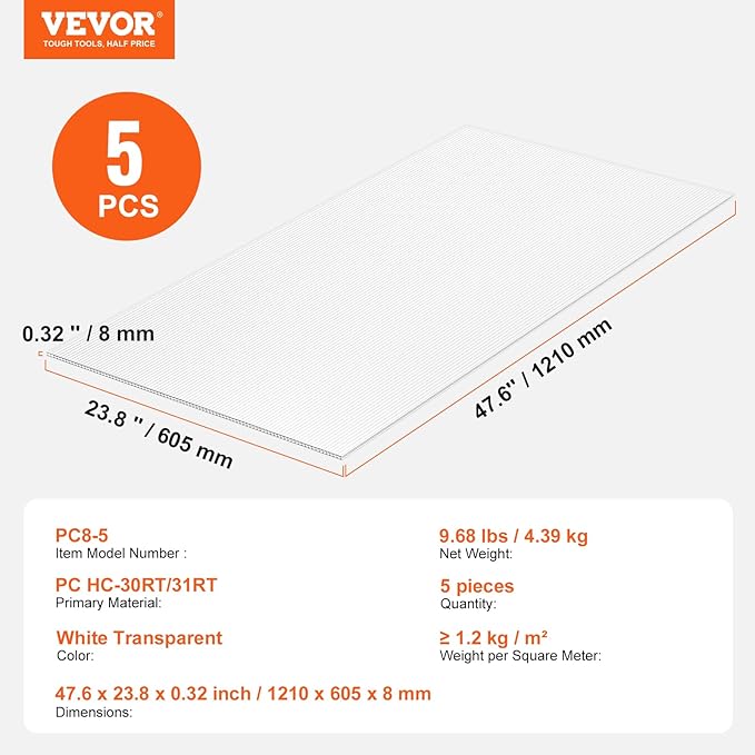VEVOR 5 Pack Polycarbonate Greenhouse Panels, 2' X 4' X 0.32'' Roof Panels Sheets, Waterproof UV Protected Corrugated Plastic Roofing, Impact Resistance Clear Roofing Sheets for Greenhouse/Garden