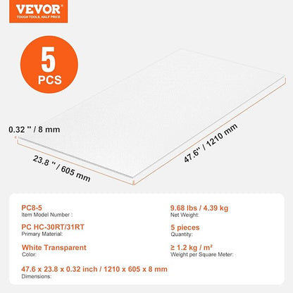 VEVOR 5 Pack Polycarbonate Greenhouse Panels, 2' X 4' X 0.32'' Roof Panels Sheets, Waterproof UV Protected Corrugated Plastic Roofing, Impact Resistance Clear Roofing Sheets for Greenhouse/Garden