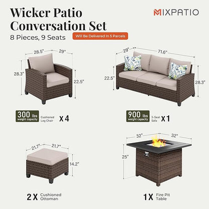 Patio Furniture Set, 8 Pcs Wicker Rattan Outdoor Conversation Set, 4 x Leg Chairs, 1 x 3 Seater Sofa and 2 x Ottomans with 4" Thick Cushion and 32" Fire Pit Table, Beige