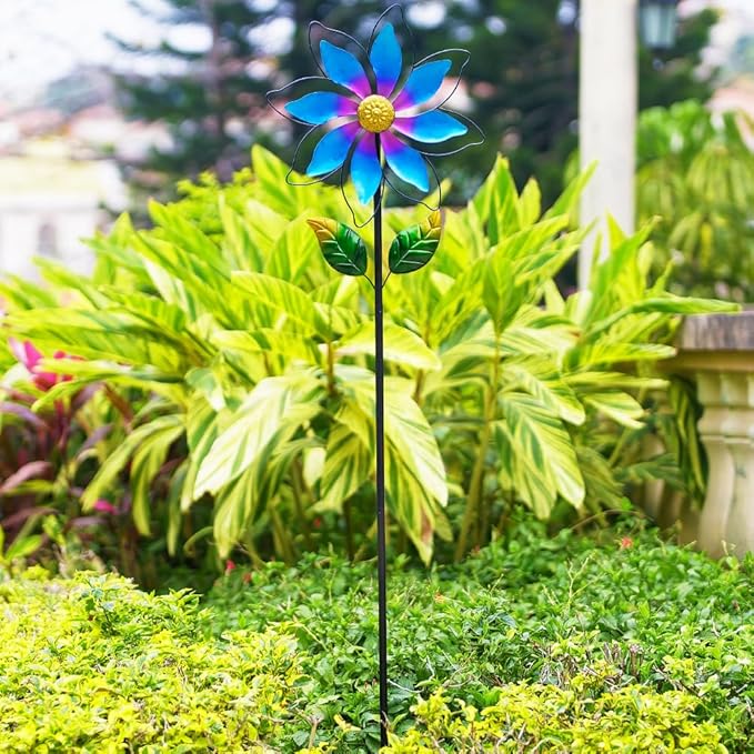 14'' Wind Spinners Outdoor, Flower Metal Garden Wind Spinners Outdoor, Kinetic Wind Sculptures & Spinners for Yard Garden Lawn Decor (Blue)