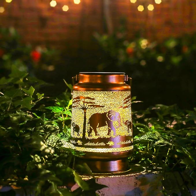Elephant Solar Lanterns Outdoor Waterproof Hanging Solar Lights Elephant Gifts for Women Men Metal Decorative LED Lanterns for Yard, Patio, Lawn, Tabletop, Pathway, Landscape, Garden Decor