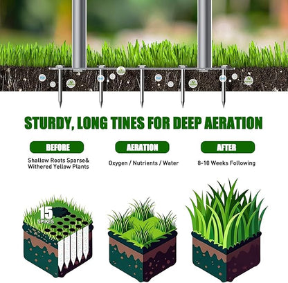 Lawn Aerator Spike Tool - Manual Grass Aerator with 15 Iron Spikes, Pre-Assembled Yard Aerator for Core Aeration, Dethatching, Heavy Duty T-Handle & Wide Foot Plate for Lawn Yard & Garden (Grey)