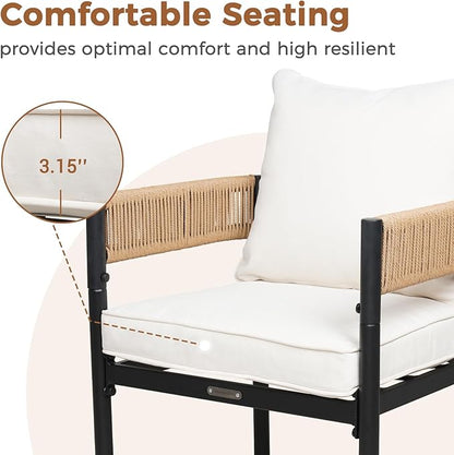 Grand patio Outdoor Dining Chair Set of 2, 2 Pieces Patio Dining Chairs, Metal Woven Wicker Fixed Patio Chairs with Light Beige Cushions for Backyard, Deck, Garden, Porch, Lawn and Poolside (Natural)