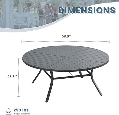 DIFY 59.8" Round Outdoor Patio Dining Table for 8-10, All-Weather Metal Steel Slatted Patio Table with 1.57" Adjustable Umbrella Hole, for Lawn Garden Porch Backyard, Grey