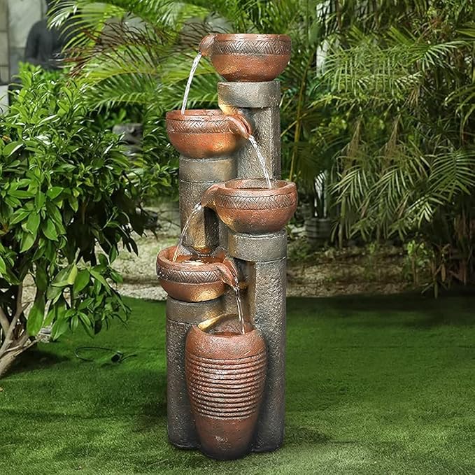 5 -Tier Outdoor Garden Water Fountain Decor, Resin Fountain for Garden, Floor Patio, Deck, Porch, Backyard and Home Art Decor (Brown, 39.7inch)