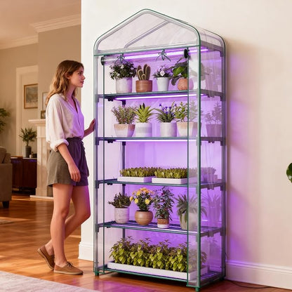 Indoor Greenhouse with Grow Light, 5-Tier Mini Greenhouse 35.4"x19"x74.8" Small Greenhouse with Zippered PVC Cover for Seed Starting Trays, Dimmable Plant Light for Indoor Plants with Timer