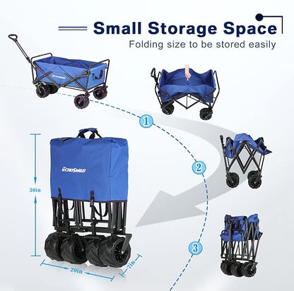 EchoSmile Heavy Duty 350 Lbs Capacity Collapsible Wagon, Outdoor Folding Camping Wagons, Grocery Portable Utility Cart, Adjustable Rolling Carts, All Terrain Sports Wagon with Big Wheels by Boahaus