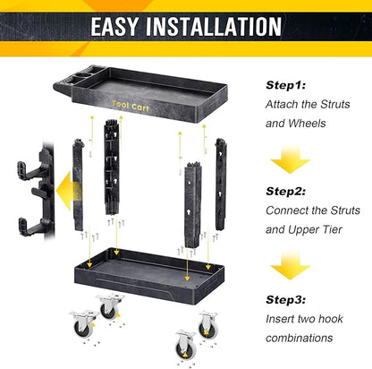 Heavy Duty Garden Tool Carts,600LBS Capacity 2 Tier Yard Tool Storage Rack with Side Hooks Garage Tool Cart with 360°Swivel Wheels Outdoor Garden Tool for Shed, Yard, Garage,Black