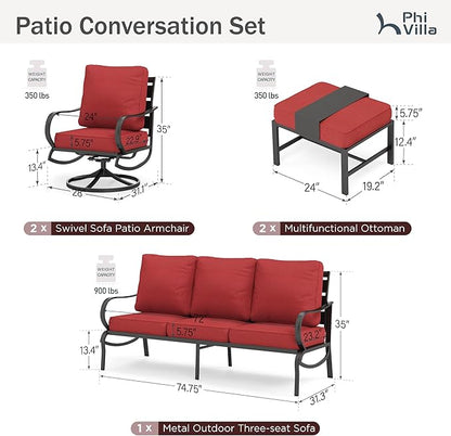 PHI VILLA 5 PCS Patio Furniture - Metal Deluxe Patio Set with 1 x 3 Seater Deep Seating Bench, 2 x Swivel Sofa Chairs & 2 x Metal Cushioned Ottoman, Outdoor for Garden, Red