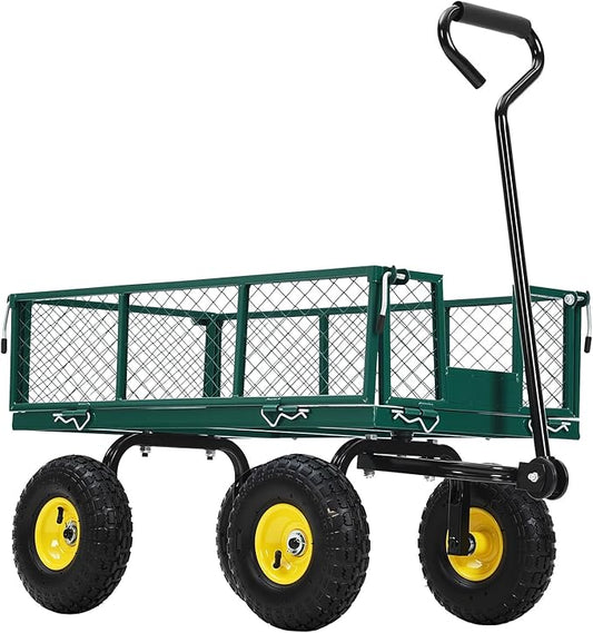 Heavy-Duty Steel Garden Cart, 900 Lb Yard Dump Metal Cart with 4-Side Removable Mesh and All Terrain 10" Tires, Flatbed Convertible Yard Wagon, Green