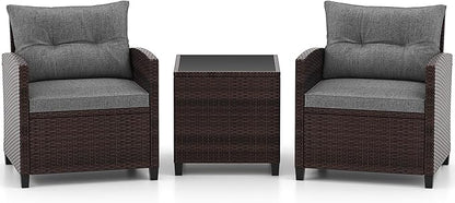 ORALNER 3 Pieces Patio Furniture Set, Outdoor Wicker Conversation Set Rattan Chairs with Cushions, Glass Coffee Table, Bistro Set for Front Porch Balcony Garden Deck Poolside (Grey)