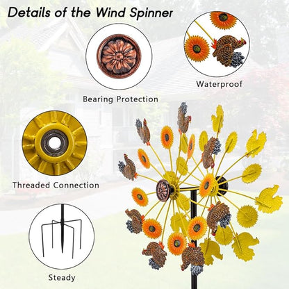 DREAMYSOUL Sunflower and Rooster Fall Wind Spinners, Outdoor Fall Decorations, Metal Kinetic Wind Spinners Chicken Farmhouse Garden Lawn Yard Decor, Fall Harvest Thanksgiving Gifts