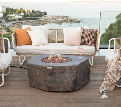 Elementi | Bundle Columbia Gas Fire Pit Cast Concrete Semi-Round Fire Table, Outdoor Fire Pit Electronic Ignition | Canvas Cover, Lava Rock Included | Propane Gas