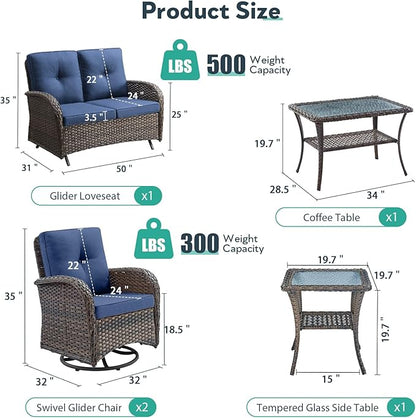5 Piece Patio Furniture Set - Wicker Patio Conversation Set with Swivel Glider, Glider Loveseat, Tempered Glass Side Table and Coffee Table for Deck Backyard - Brown Wicker Blue Cushion