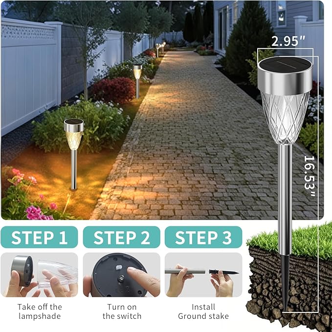 Solar Pathway Lights Outdoor, 8 Pack Stainless Steel Waterproof Solar Lights for Outside, Auto On/Off Warm White Garden Light for Yard, Lawn Driveway Landscape Backyard Walkway