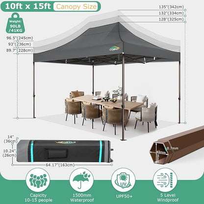 COBIZI 10x15 Pop Up Heavy Duty Canopy with 4 Sidewalls and Hexagonal Legs, Easy up Tent for Parties, Commercial and Wedding, Outdoor Canopy with Roller Bag, Sand Bags, Waterproof & UPF50+ (Gray)