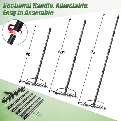 Garden Rake, 6FT Bow Rake Heavy Duty Leveling Rake with Adjustable Handle, 17 Tines Wide Head Metal Thatch Rake for Gardening Leaves Lawn Yard Mulch Rake