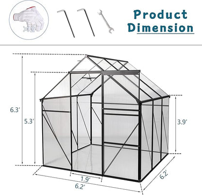 6x6 FT Polycarbonate Walk-in Greenhouse,All Season Garden Green Houses,Aluminum Hot House w/ Raised Base,Adjustable Vent Roof & Sliding Door for Outdoor Backyard,Easy to Install,Black