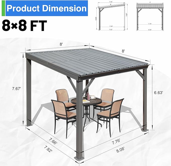 8x8FT Lean to Gazebo, Outdoor Hardtop Wall Mounted Gazebo with Gutter & Sloping Galvanized Steel Roof, Metal Hard Top Awnings for Deck, Porch, Backyard