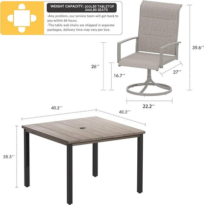 VICLLAX 5 Pieces Patio Dining Set, 4 Seats Outdoor Furniture Set Includes 40.2" Square Outdoor Dining Table and 4 Swivel Patio Chairs, Grey Wood Grain Tabletop and Sandshell Fabric