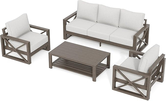 UDPATIO 4 Piece Faux Wood Aluminum Patio Furniture Set Modern Outdoor Furniture Patio Conversation Sets with Coffee Table for Balcony, Backyard, 600D Waterproof Cover Included, Light Grey