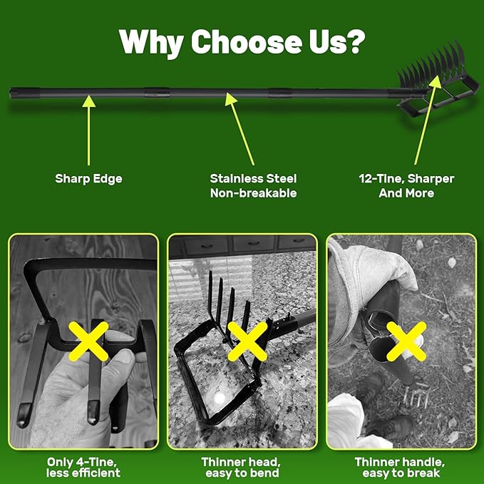 2 in 1 Stirrup Hula Hoe Garden Tool, 12 Tines Cultivators for Gardening, Weed Puller Tool with 76" Long Handle for Gardening, Weeding, Seeding, Ditching, Loosening
