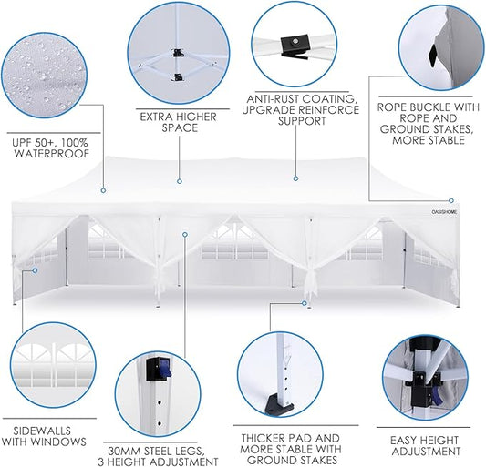 OASISHOME 10'x30' Pop-Up Canopy Tent with 8 Removable Sidewalls,Carry Bag,Waterproof Commercial Gazebo for Weddings/Outdoor Events – Heavy-Duty Frame, Raised Top Cover(White, 10x30(Higher top))