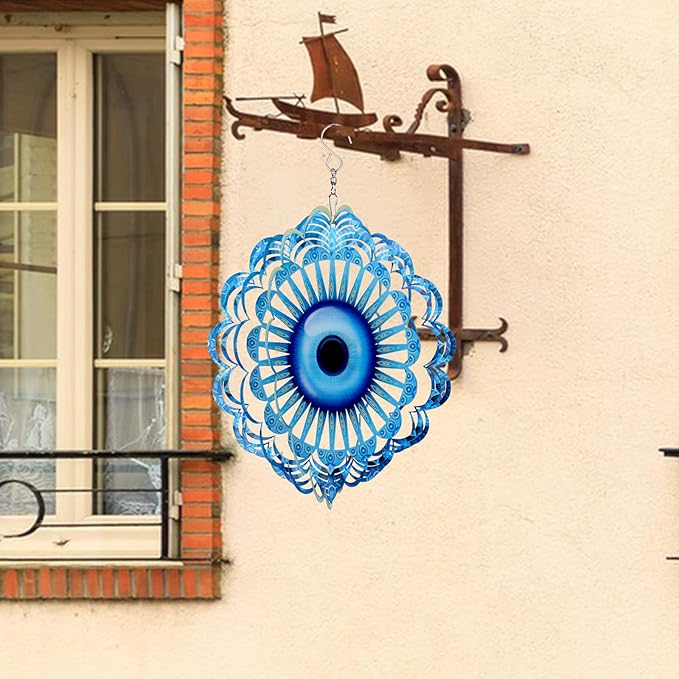 Blue Evil Eye Hanging Wind Spinners Outdoor Metal Evil Eye Decor Mandala 3D Stainless Steel Wind Spinner Protective Amulet for Home Outdoor Garden Yard Decoration (Mandala)
