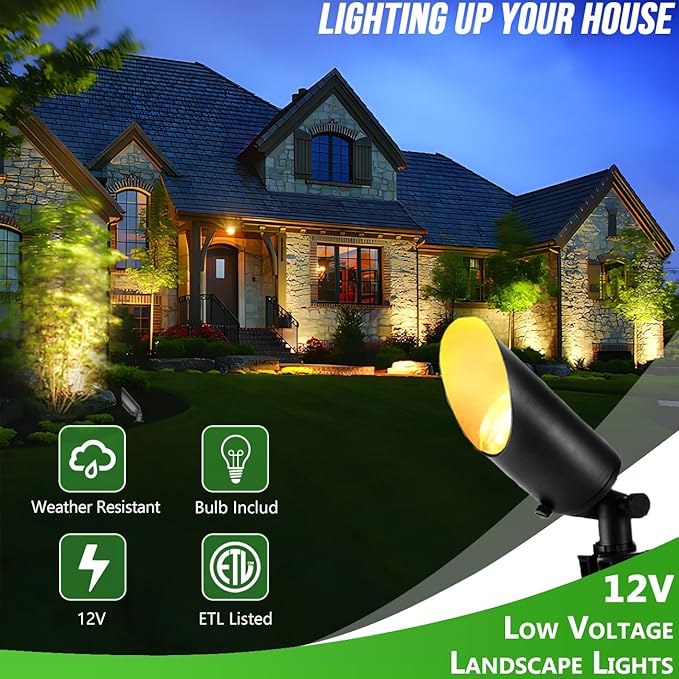 wowlite Landscape Spotlights Outdoor, 12V Low Voltage Landscape Lighting Fixture with 5W MR16 LED Bulb, 2700K Warm White Waterproof Black Aluminum Directional Uplight for Garden Courtyard Pathway